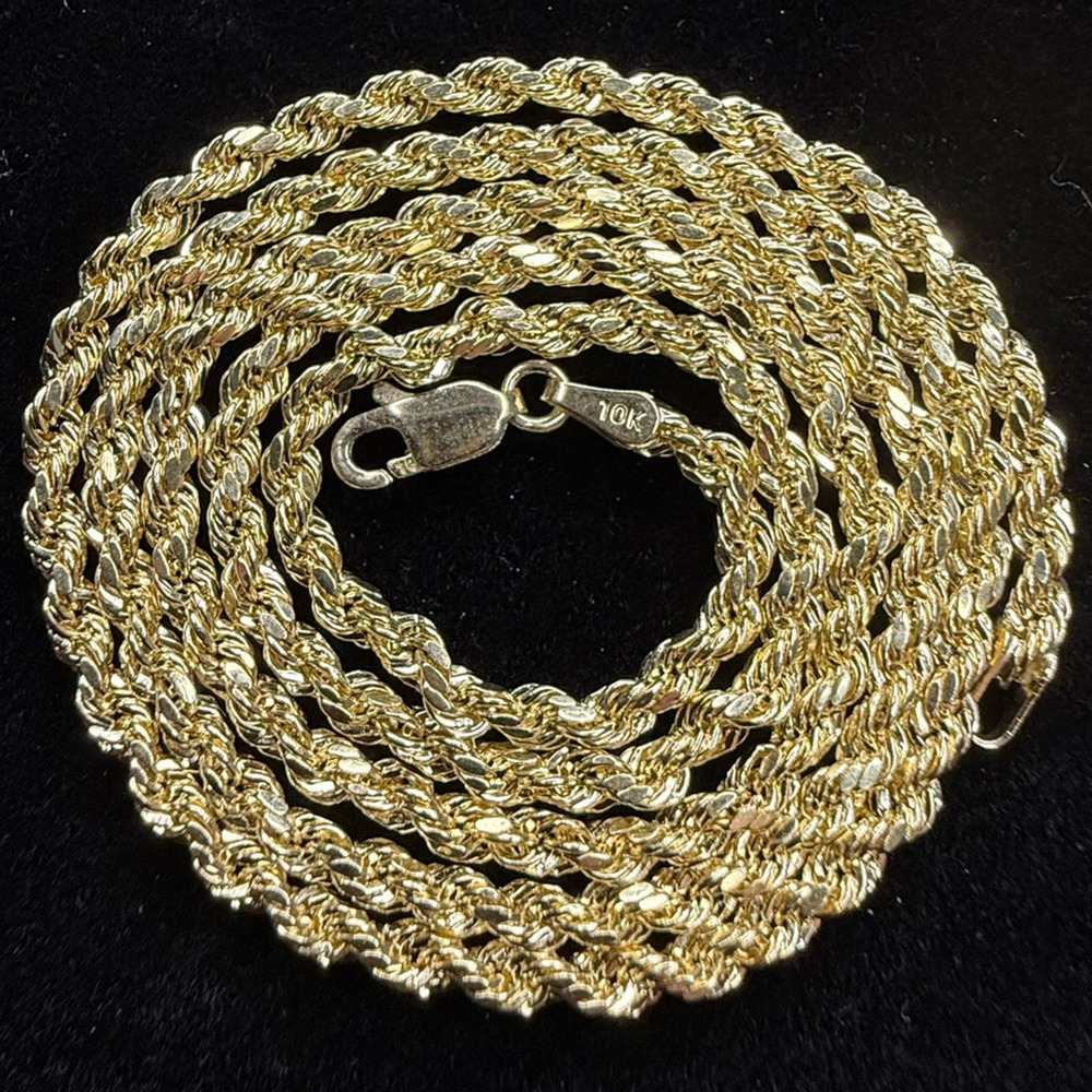 Solid 10k Yellow Italian Gold Diamond Cut Rope Necklace Chain 22" Long 3mm Wide